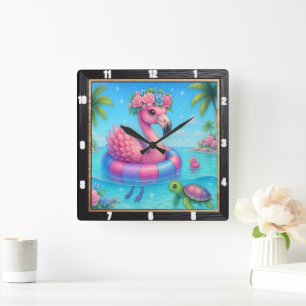 Horloge Carrée Plage de métro intérieur Flamant rose