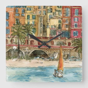 Horloge Carrée Plage et bâtiments d'aquarelle des destinations  