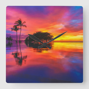 Horloge Carrée Plage majestueuse du coucher du soleil   Wailea,
