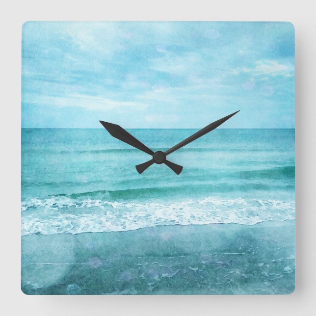 Horloge Carrée Plage Retro - Océan côtier Aquarelle bleu Turquois (Recto)