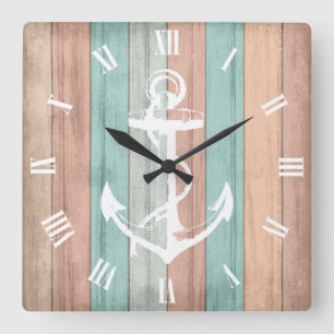 Horloge Carrée Plage Rustique d'été Bois Grandes et Ancres naut