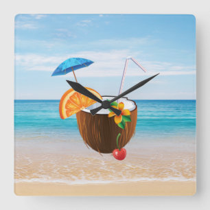 Horloge Carrée Plage Tropicale,Ciel Bleu,Sable de l'Océan,Cocktai
