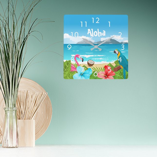 Horloge Carrée Plage tropicale d'Aloha avec flamants et fleurs (Créateur téléchargé)