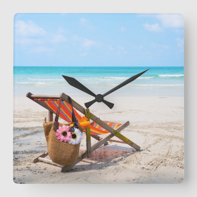 Horloge Carrée Plages tropicales | Chaise de plage sur sable (Recto)