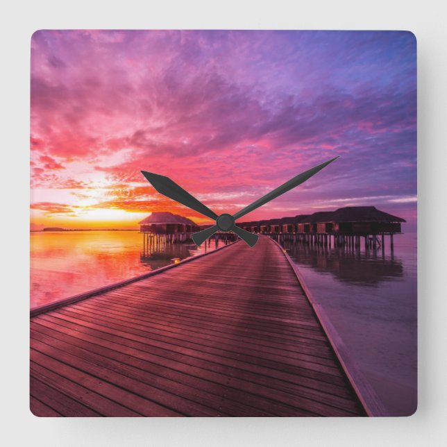 Horloge Carrée Plages tropicales | Coucher de soleil aux Maldives (Recto)