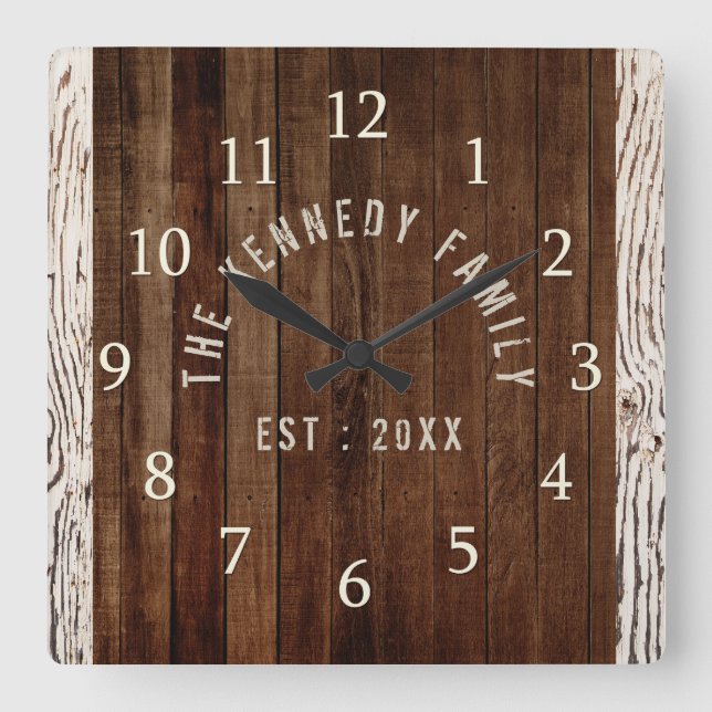 Horloge Carrée Planche à bois Nom de famille Ferme (Recto)