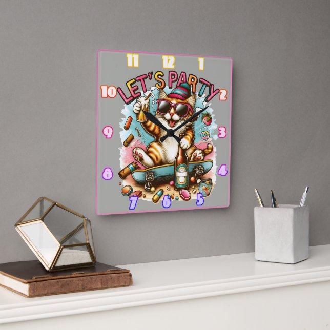 Horloge Carrée Planche à roulettes avec friandises et boissons ! (Bureau)