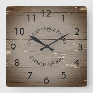 Horloge Carrée Planches en bois marron rustique personnalisées  