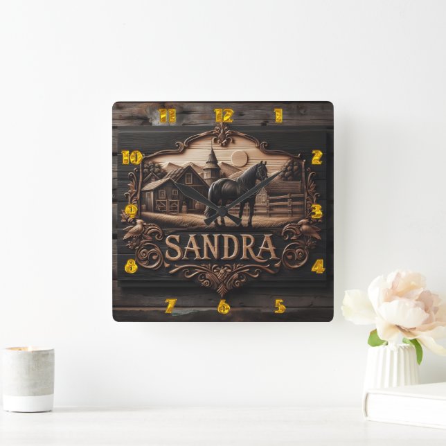 Horloge Carrée Plaque en bois avec cheval et paysage agricole (Maison)