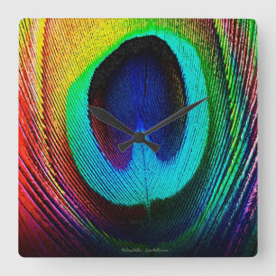 Horloge Carrée Plume de paon vibrant