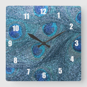 Horloge Carrée plumes bleues brumeuses de paon de parties