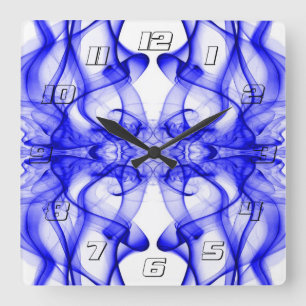 Horloge Carrée Plumes de fumée bleue sur blanc avec chiffres
