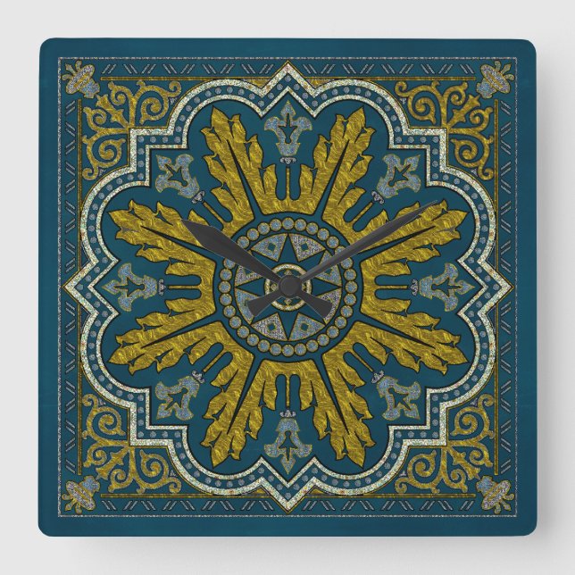 Horloge Carrée Point Déco Blue et Gold Star (Recto)