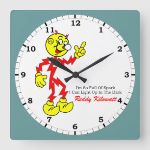 Horloge Carrée Pointing Reddy Kilowatt, plein d'étincelles