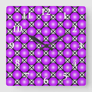 Horloge Carrée Points roses Magenta sur fond noir et treillis bla
