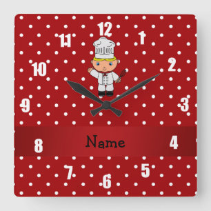Horloge Carrée Pois blanc rouge personnalisé de chef nommé