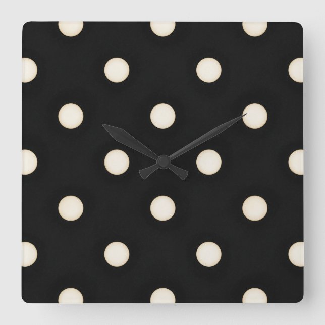 Horloge Carrée Pois blancs d'antiquités sur noir détendu (Recto)
