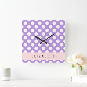Horloge Carrée Pois violets, Motif Pointe Polka, Votre Nom