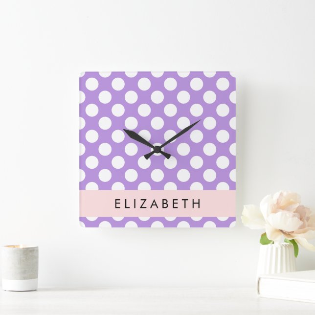 Horloge Carrée Pois violets, Motif Pointe Polka, Votre Nom (Maison)