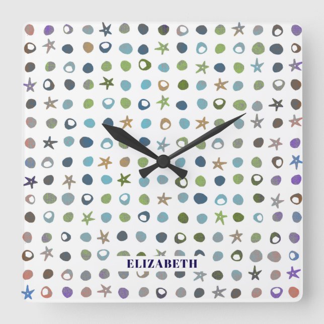 Horloge Carrée Poisson étoilée et coques de mer personnalisées (Recto)