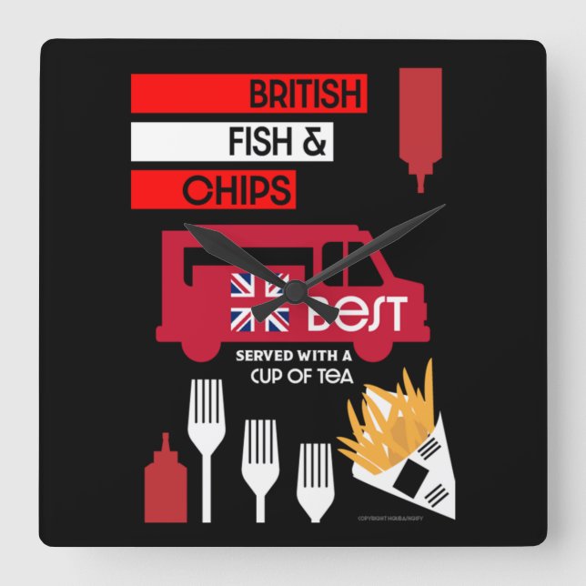 Horloge Carrée Poisson Frit Classique Britannique Et Frites       (Recto)