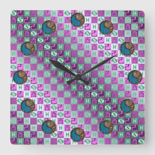 Horloge Carrée Poissons & Coq de terre