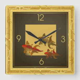 Horloge Carrée Poissons d'or Art déco