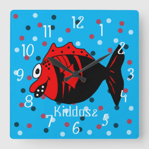 Horloge Carrée Poissons noirs et rouges drôles et mignons