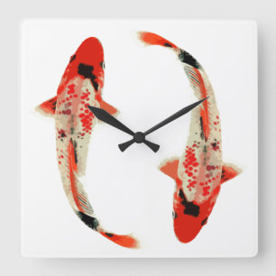 Horloge Carrée Poissons rouges, blancs, et noirs de Koi