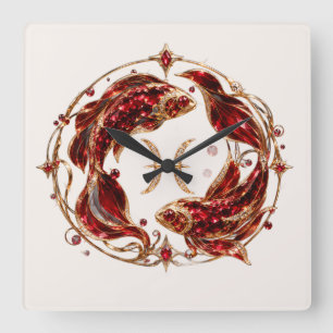 Horloge Carrée Poissons Zodiaque Rouge Luxueux