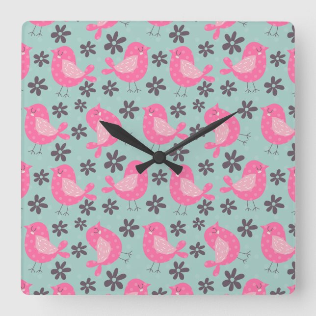 Horloge Carrée Polka Dot Birds and Flowers (Recto)
