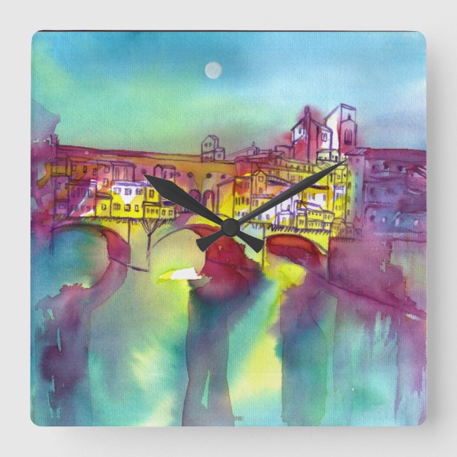 Horloge Carrée PONTE VECCHIO Florence par aquarelle de nuit (Recto)