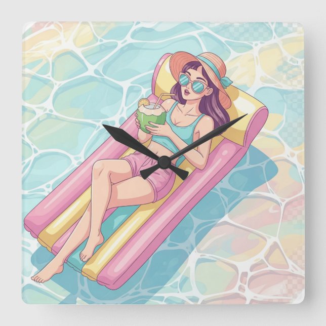Horloge Carrée Pool Day Relaxing Girl (Recto)