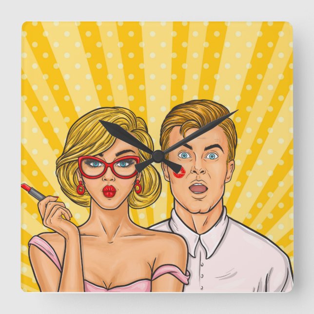 Horloge Carrée Pop Art Couple (Recto)