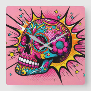 Horloge Carrée Pop Art Sugar Crâne