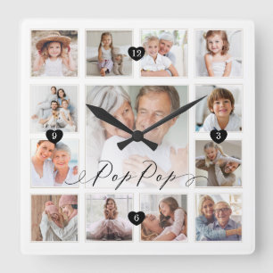 Horloge Carrée Pop Pop Script Famille Mémoire Grille photo Colla