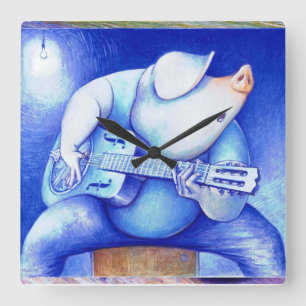 Horloge Carrée Porc jouant le wallclock de guitare