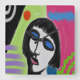 Horloge Carrée Portrait Abstrait funky d'une Carré Clo Mur