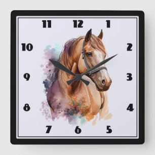 Horloge Carrée Portrait de tête de cheval brun à l'aquarelle