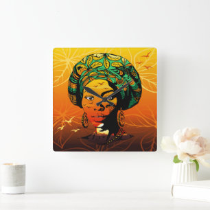Horloge Carrée Portrait féminin africain avec coucher de soleil