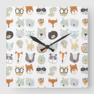 Horloge Carrée Portraits animaux mignons amicaux des visages  