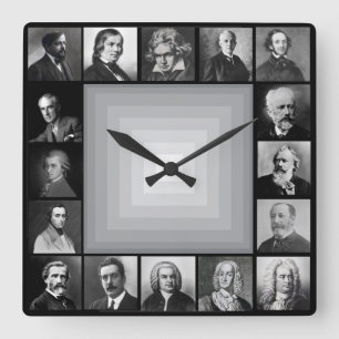 Horloge Carrée Portraits noirs et blancs de compositeurs célèbr