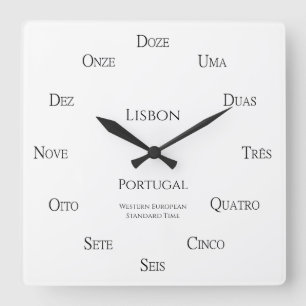 Horloge Carrée Portugais Numéros Personnalisé Ville Pays Fuseau H