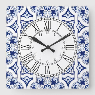 Horloge Carrée Portuguese blue tile square wall clock