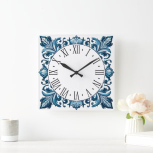 Horloge Carrée Portuguese blue tile square wall clock