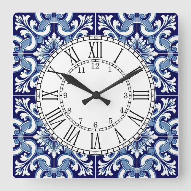 Horloge Carrée Portuguese blue tile square wall clock (Recto)