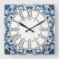 Portuguese blue tile square wall clock
