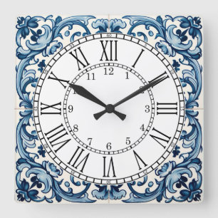 Horloge Carrée Portuguese blue tile square wall clock