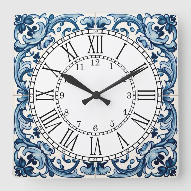 Horloge Carrée Portuguese blue tile square wall clock (Recto)