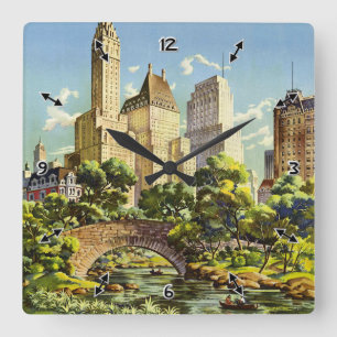 Horloge Carrée Poster vintage de New York City Central Park